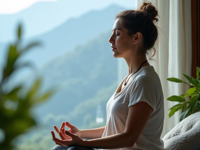Person meditating calmly with hands in prayer position, soft light.