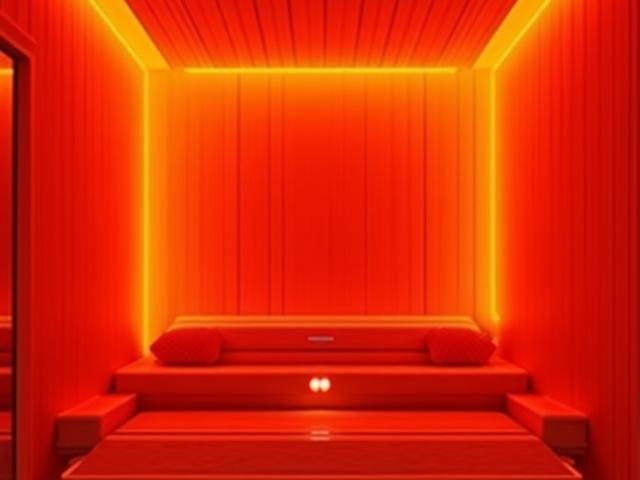 Warm glow of an infrared sauna interior, inviting and calming.