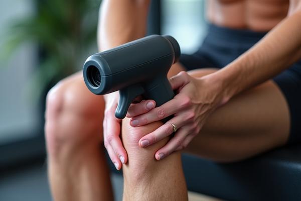 Ergonomic percussive therapy gun resting on an athlete's leg after a workout.