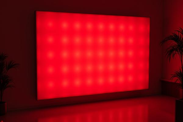 Sleek red light therapy panel emitting a soft red glow in a wellness room.