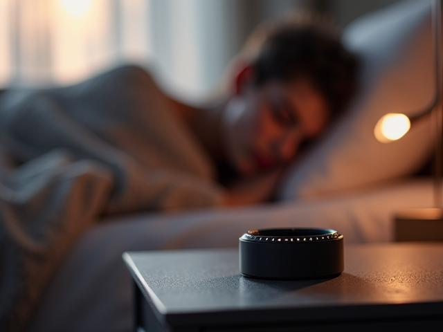 A wearable sleep tracking device on a bedside table next to a calm sleeping person, obscured.