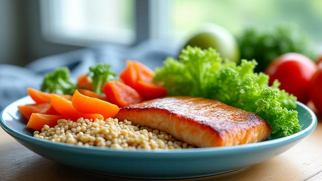 A balanced plate of healthy food including vegetables and lean protein, suggesting mindful eating and wellness.