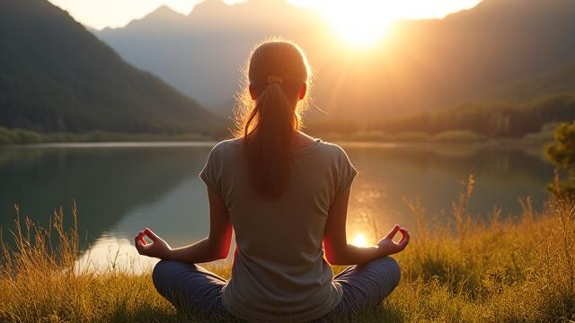 A person calmly meditating outdoors at sunrise, symbolizing mental well-being and stress reduction.