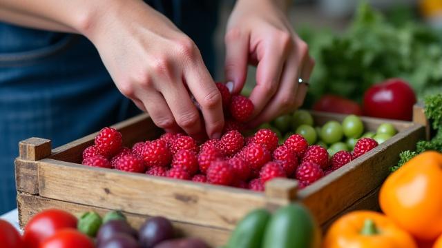A person thoughtfully selecting fresh produce from a local market, symbolizing mindful eating and healthy choices.