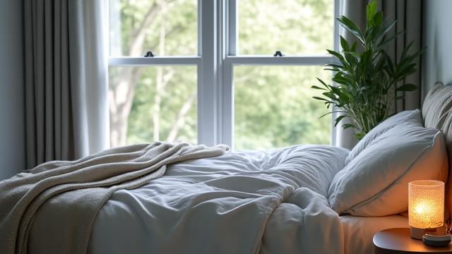 A serene bedroom setting with soft lighting, emphasizing restful sleep and recovery.