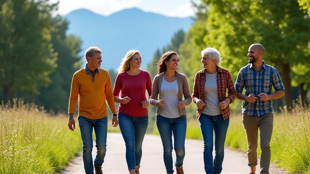 Diverse group of adults enjoying a brisk walk in a natural park setting, promoting accessible fitness.