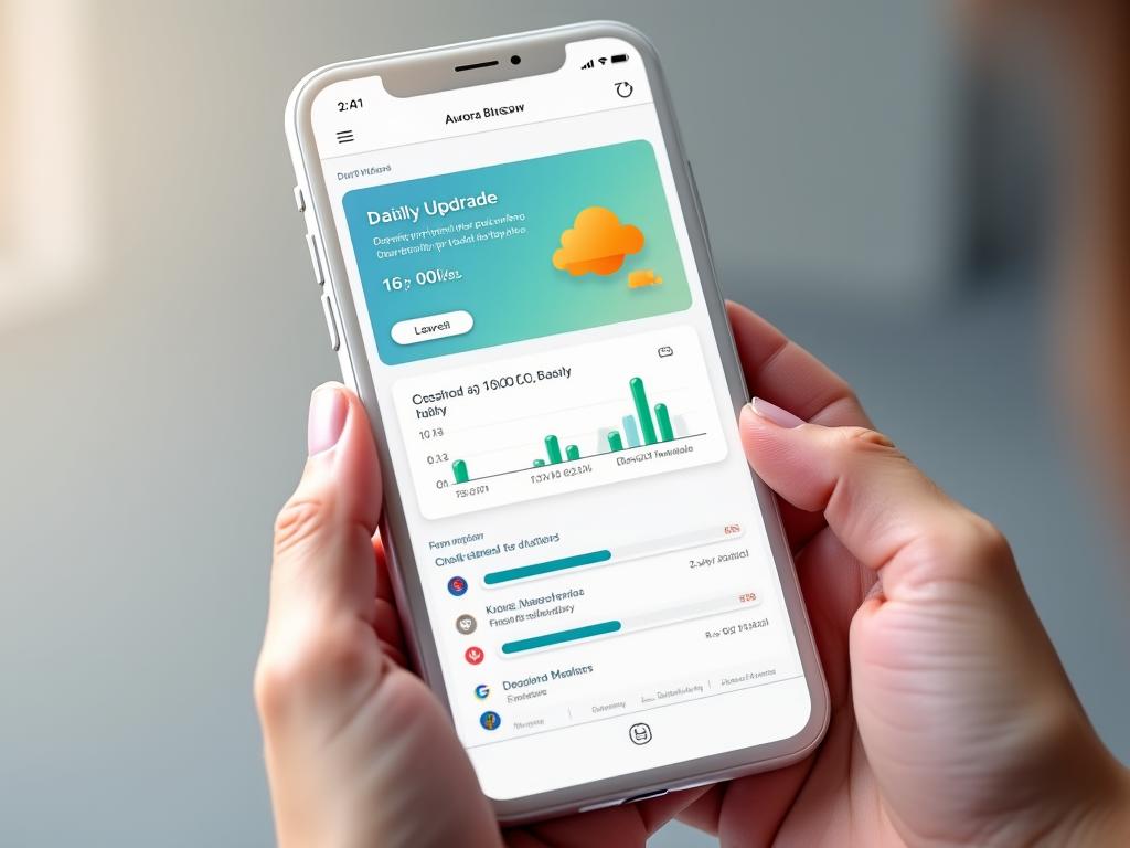 High-fidelity mockup of the Aurora Bloom mobile app dashboard on a smartphone, showing daily upgrades, progress charts, and upcoming habits.