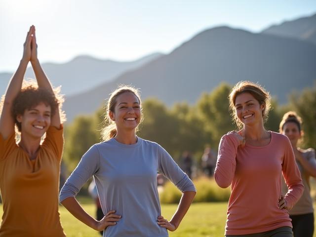 A diverse group of adults aged 35+, enjoying an outdoor yoga session in a Denver park with mountains in the background.