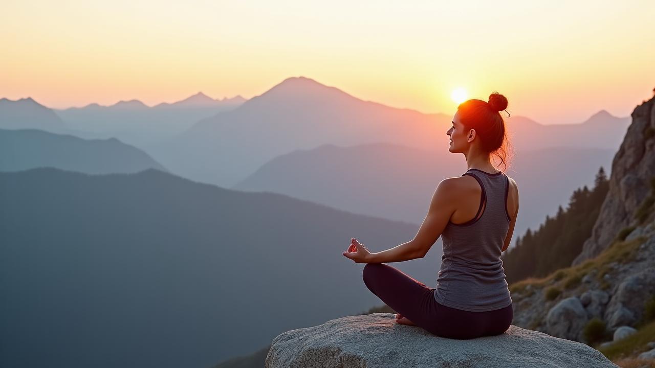 Woman meditating gracefully in the Rocky Mountains at sunrise, symbolizing calm and personalized wellness journey.
