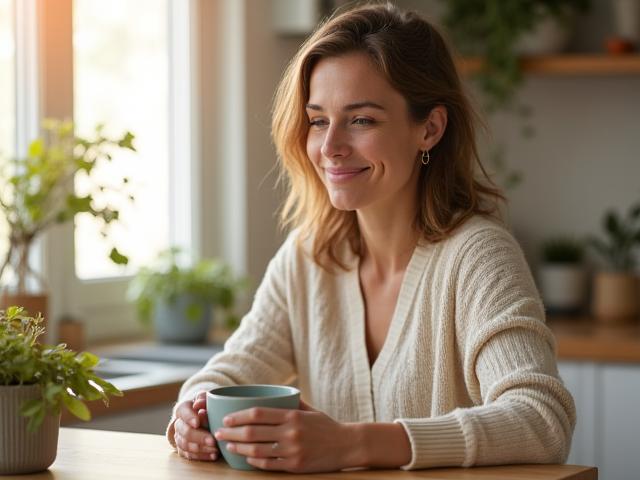 A woman enjoying a calming cup of tea in a sunlit minimal kitchen, representing small, achievable healthy habits.