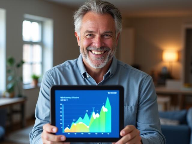 A person happily looking at a progress chart on a tablet, celebrating milestones.