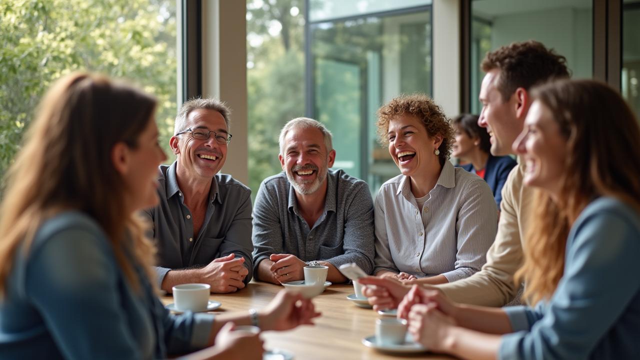 Diverse group of adults over 35 smiling and interacting in a warm, collaborative setting.