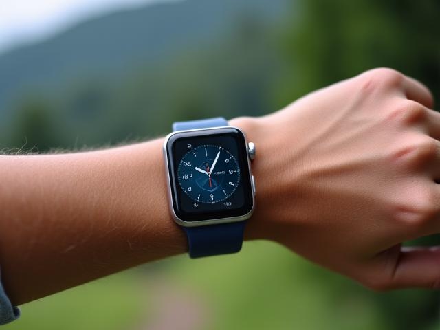 Smartwatch displaying health metrics on a wrist, with a blurry background of a person exercising outdoors.