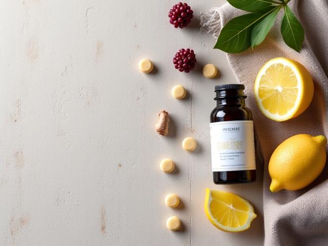 Colorful arrangement of natural immunity-boosting supplements like elderberry syrup and vitamin C tablets.
