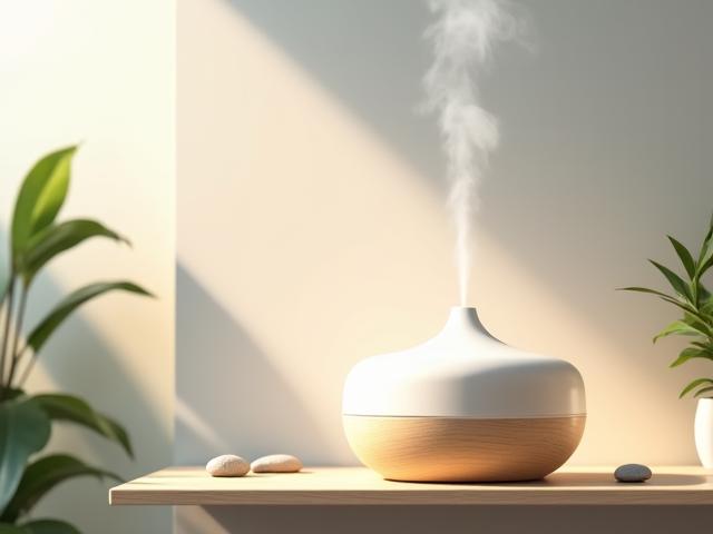 Aesthetic essential oil diffuser emitting a gentle mist in a clean, minimalist living space.