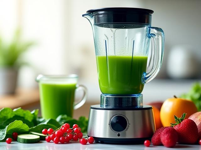 High-performance blender preparing a green smoothie, surrounded by fresh fruits and vegetables.