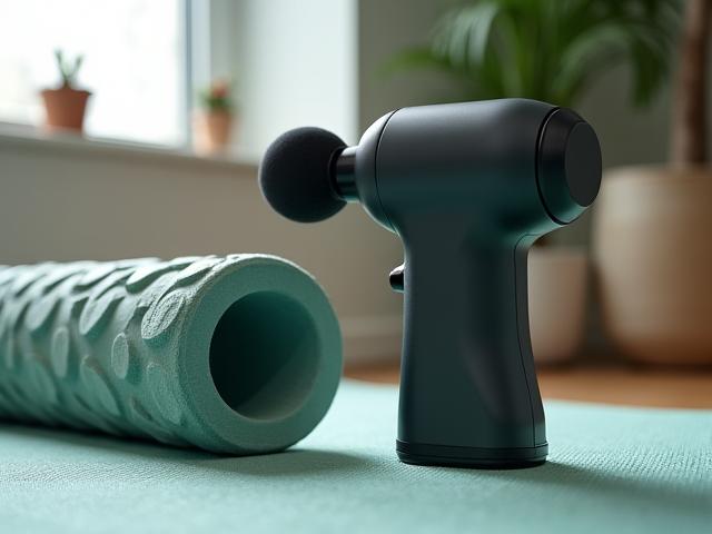 Massage gun next to a foam roller on a gym floor, ready for active recovery.