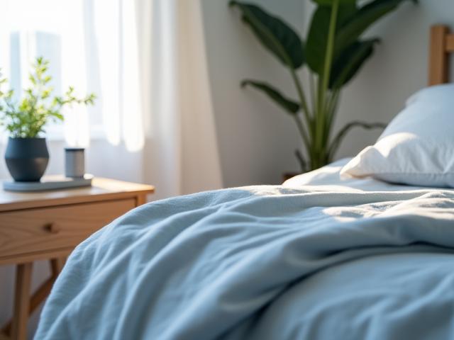 Weighted blanket and a smart alarm clock on a bedside table, creating a serene sleep environment.